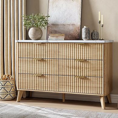 Modern Fluted 6-Drawer Dresser Curved Profile, Gold Handles Storage Organizer