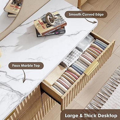 Modern Fluted 6-Drawer Dresser Curved Profile, Gold Handles Storage Organizer