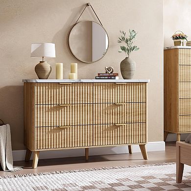 Modern Fluted 6-Drawer Dresser Curved Profile, Gold Handles Storage Organizer