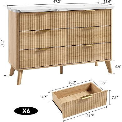 Modern Fluted 6-Drawer Dresser Curved Profile, Gold Handles Storage Organizer