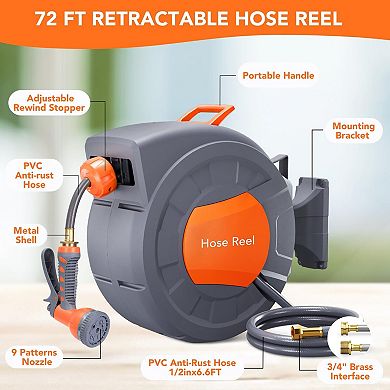 Retractable Garden Hose Reel,1/2 in,Wall Mounted,9-Function Sprayer,Any Length Lock,180° Swivel