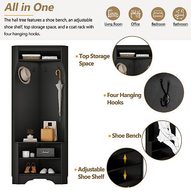 Trikiousd Corner Hall Tree Floor Standing Clothes Rack Shoes Shelf Organizer with Adjustable Shelf
