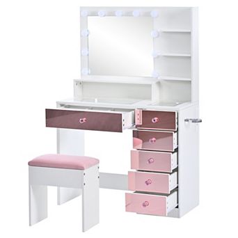 Trikiousd Glass Top Vanity Desk with Charging Station, 11 Hollywood Bulbs Makeup Table and Stool Set