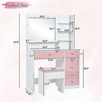 Trikiousd Glass Top Vanity Desk with Charging Station, 11 Hollywood Bulbs Makeup Table and Stool Set