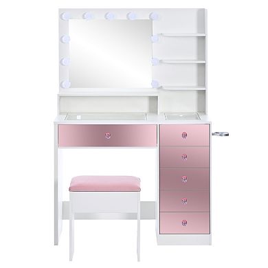 Trikiousd Glass Top Vanity Desk with Charging Station, 11 Hollywood Bulbs Makeup Table and Stool Set