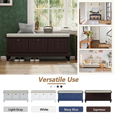 Trikiousd Classic Shoe Bench with Cushion and Three Drawers, Fluted Entryway Bench with Storage