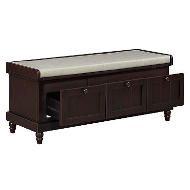 Trikiousd Classic Shoe Bench with Cushion and Three Drawers, Fluted Entryway Bench with Storage