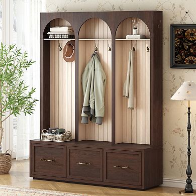 Trikiousd Farmhouse Wood Hall Tree Coat Racks with 8 Hooks, Storage Shoe Bench & 3 Drawers