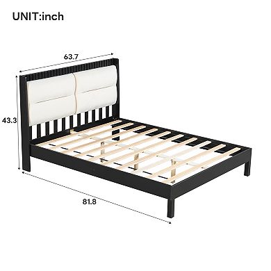 Trikiousd Modern Solid Wood Platform Bed Frame with Beige Velvet Upholstered Headboard