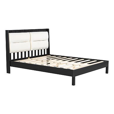 Trikiousd Modern Solid Wood Platform Bed Frame with Beige Velvet Upholstered Headboard