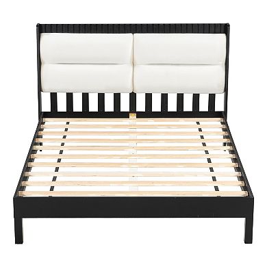 Trikiousd Modern Solid Wood Platform Bed Frame with Beige Velvet Upholstered Headboard