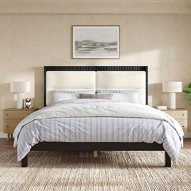 Trikiousd Modern Solid Wood Platform Bed Frame with Beige Velvet Upholstered Headboard