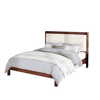 Trikiousd Modern Solid Wood Platform Bed Frame with Beige Velvet Upholstered Headboard