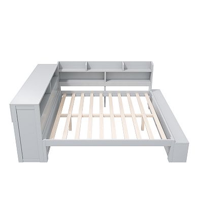 Trikiousd Full Size Daybed Wood Sofa Bed with Storage Cabinets, Shoe Rack & Charging Station