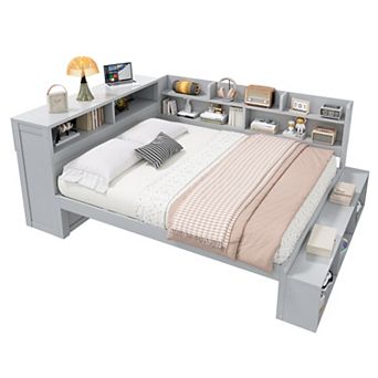 Trikiousd Full Size Daybed Wood Sofa Bed with Storage Cabinets, Shoe Rack & Charging Station