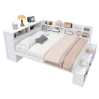Trikiousd Full Size Daybed Wood Sofa Bed with Storage Cabinets, Shoe Rack & Charging Station