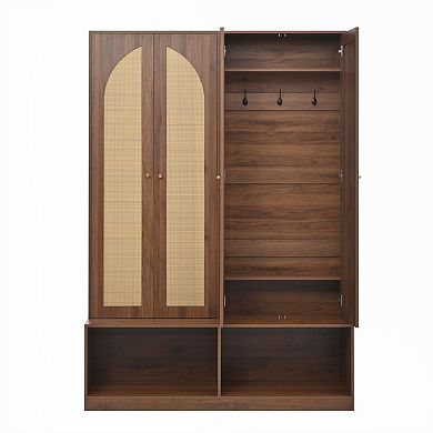 Trikiousd Boho Hall Tree with Rattan Doors 4-In-1 Seating Bench Entryway Shoe Cabinet with Shelf