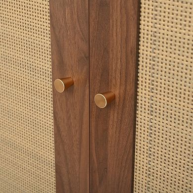 Trikiousd Boho Hall Tree with Rattan Doors 4-In-1 Seating Bench Entryway Shoe Cabinet with Shelf