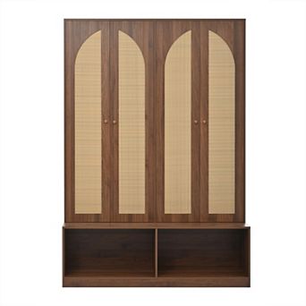 Trikiousd Boho Hall Tree with Rattan Doors 4-In-1 Seating Bench Entryway Shoe Cabinet with Shelf