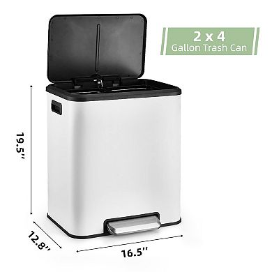 30L Dual Trash Can 2 x 4 Gallon Stainless Steel Kitchen Trash Can with Lid & Foot Pedal Double