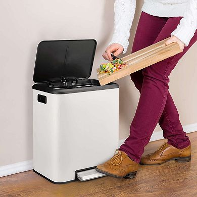 30L Dual Trash Can 2 x 4 Gallon Stainless Steel Kitchen Trash Can with Lid & Foot Pedal Double