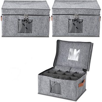 3-Pack Felt Wine Glass Storage Box, Container Cases with Dividers, 12 Glass Holder Organizer