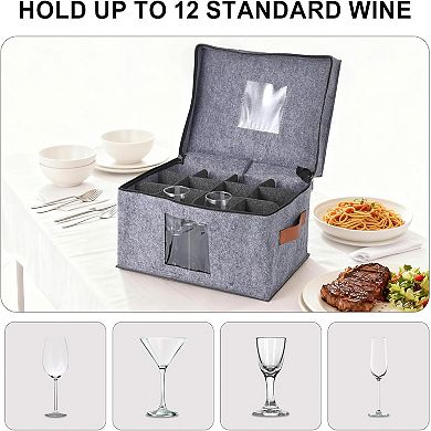 3-Pack Felt Wine Glass Storage Box, Container Cases with Dividers, 12 Glass Holder Organizer