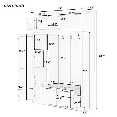 Trikiousd 3-in-1 Hall Tree Organizer w/Adjustable Side Shelves, 2 Drawers & Overhead Storage Cabinet