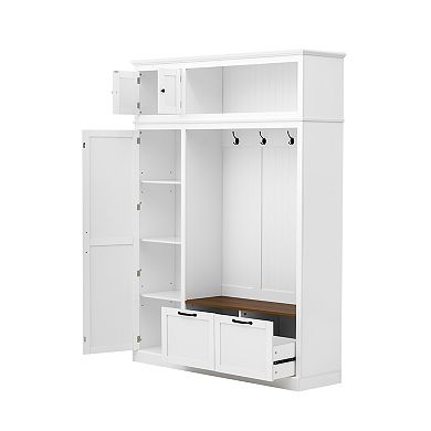 Trikiousd 3-in-1 Hall Tree Organizer w/Adjustable Side Shelves, 2 Drawers & Overhead Storage Cabinet
