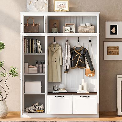 Trikiousd 3-in-1 Hall Tree Organizer w/Adjustable Side Shelves, 2 Drawers & Overhead Storage Cabinet