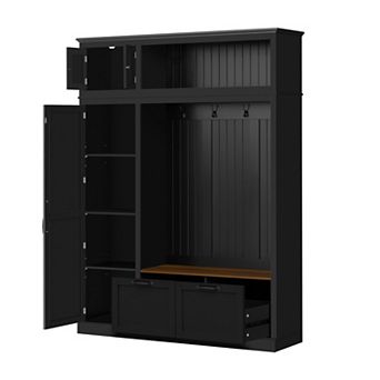 Trikiousd 3-in-1 Hall Tree Organizer w/Adjustable Side Shelves, 2 Drawers & Overhead Storage Cabinet