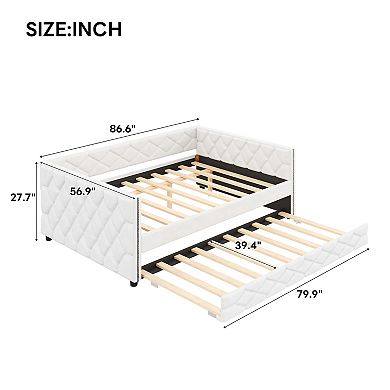 Trikiousd Full XL Size Daybed w/ Trundle & LED Light, PU Upholstered Sofabed for Bedroom Guest Room