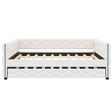 Trikiousd Full XL Size Daybed w/ Trundle & LED Light, PU Upholstered Sofabed for Bedroom Guest Room