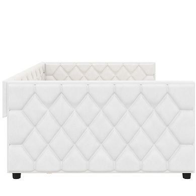 Trikiousd Full XL Size Daybed w/ Trundle & LED Light, PU Upholstered Sofabed for Bedroom Guest Room