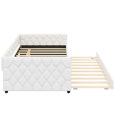 Trikiousd Full XL Size Daybed w/ Trundle & LED Light, PU Upholstered Sofabed for Bedroom Guest Room