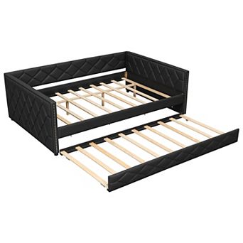 Trikiousd Full XL Size Daybed w/ Trundle & LED Light, PU Upholstered Sofabed for Bedroom Guest Room