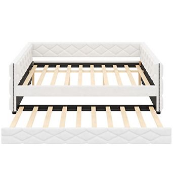 Trikiousd Full XL Size Daybed w/ Trundle & LED Light, PU Upholstered Sofabed for Bedroom Guest Room