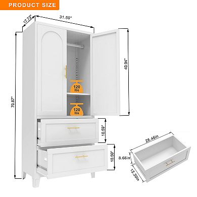 Trikiousd 71" Tall Metal Wardrobe Cabinet with 2 Drawers and Hanging Rod