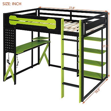 Trikiousd Full RGB Gaming Loft Bed w/Desk, Multi-Storage Shelves, Power Outlet & USB/Type-C Ports