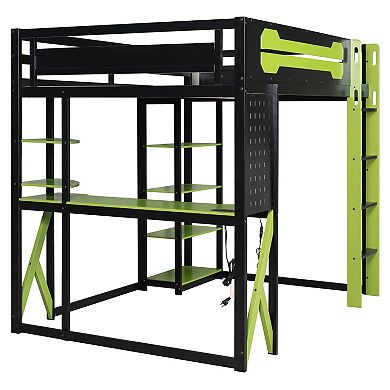 Trikiousd Full RGB Gaming Loft Bed w/Desk, Multi-Storage Shelves, Power Outlet & USB/Type-C Ports