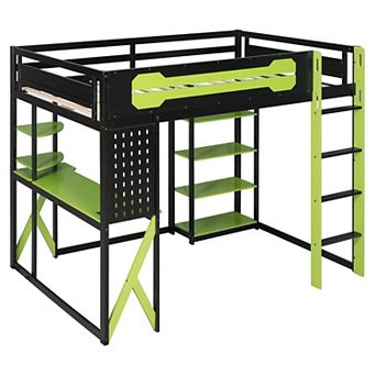 Trikiousd Full RGB Gaming Loft Bed w/Desk, Multi-Storage Shelves, Power Outlet & USB/Type-C Ports