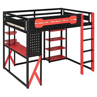 Trikiousd Full RGB Gaming Loft Bed w/Desk, Multi-Storage Shelves, Power Outlet & USB/Type-C Ports