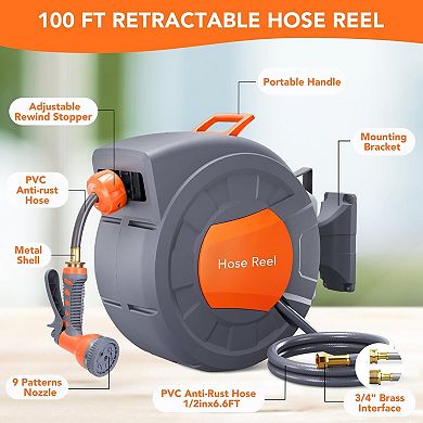 Retractable Garden Hose Reel,1/2 in,Wall Mounted,9-Function Sprayer,Any Length Lock,180° Swivel
