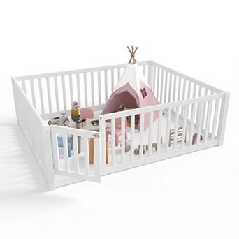 Trikiousd Full Size Floor Bed with Door & Safety Guardrails, Wood Montessori Bed for Kids