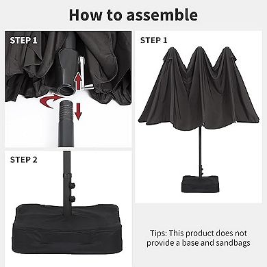 15ft Grey Patio Umbrella Double-Sided Outdoor Rectangle Market Umbrella with Base Crank