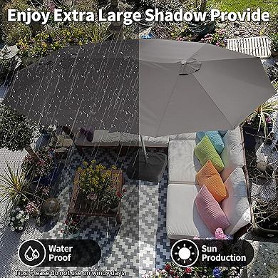 15ft Grey Patio Umbrella Double-Sided Outdoor Rectangle Market Umbrella with Base Crank