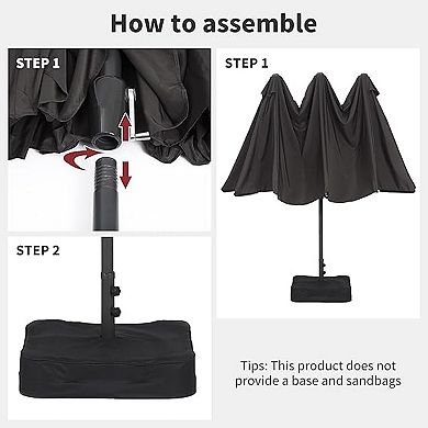 15ft Grey Patio Umbrella Double-Sided Outdoor Rectangle Market Umbrella with Base Crank