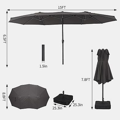 15ft Grey Patio Umbrella Double-Sided Outdoor Rectangle Market Umbrella with Base Crank