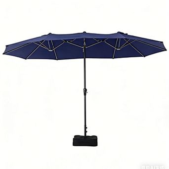 15ft Grey Patio Umbrella Double-Sided Outdoor Rectangle Market Umbrella with Base Crank