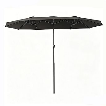15ft Grey Patio Umbrella Double-Sided Outdoor Rectangle Market Umbrella with Base Crank